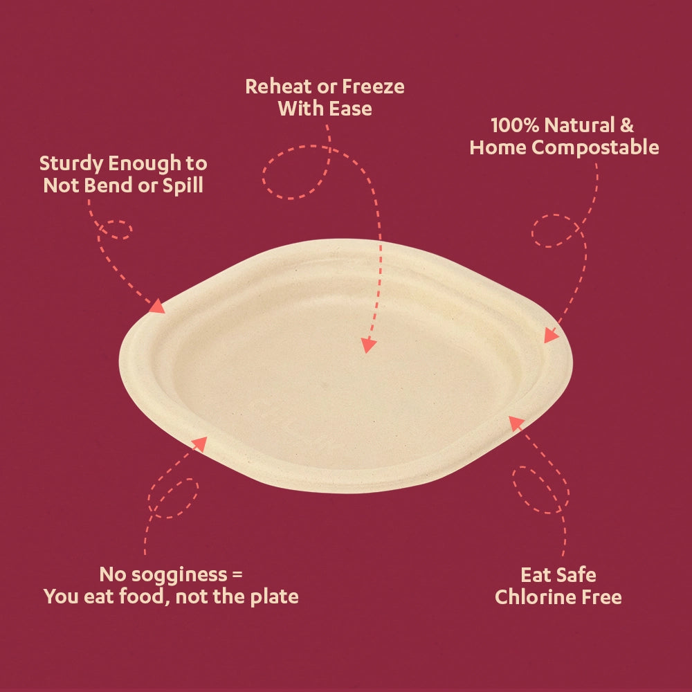 6" Chuk Bleach-Free Sugarcane Bagasse Compostable Plate | Zero Waste | Disposable| Eco-Friendly| Microwave, Oven & Freezer Safe