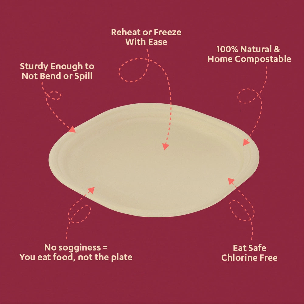 9" Chuk Bleach-Free Sugarcane Bagasse Compostable Plate | Zero Waste | Disposable| Eco-Friendly| Microwave, Oven & Freezer Safe