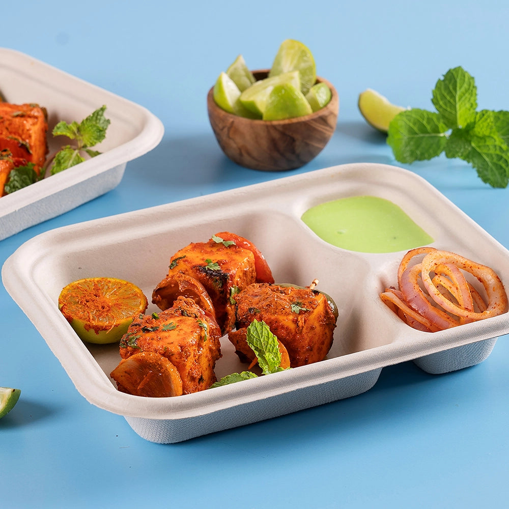 3 compartment Chuk Bleach-Free Sugarcane Bagasse Compostable Snack Plate | Zero Waste | Disposable| Eco-Friendly| Microwave, Oven & Freezer Safe