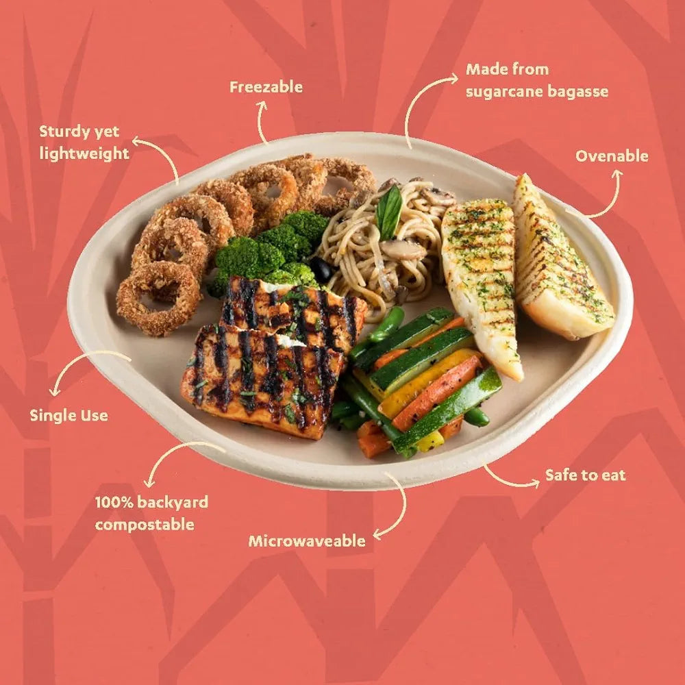 9" Chuk Bleach-Free Sugarcane Bagasse Compostable Plate | Zero Waste | Disposable| Eco-Friendly| Microwave, Oven & Freezer Safe